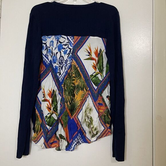 ecru Navy knit vneck silk floral detail back lightweight sweater top size medium - Picture 4 of 5